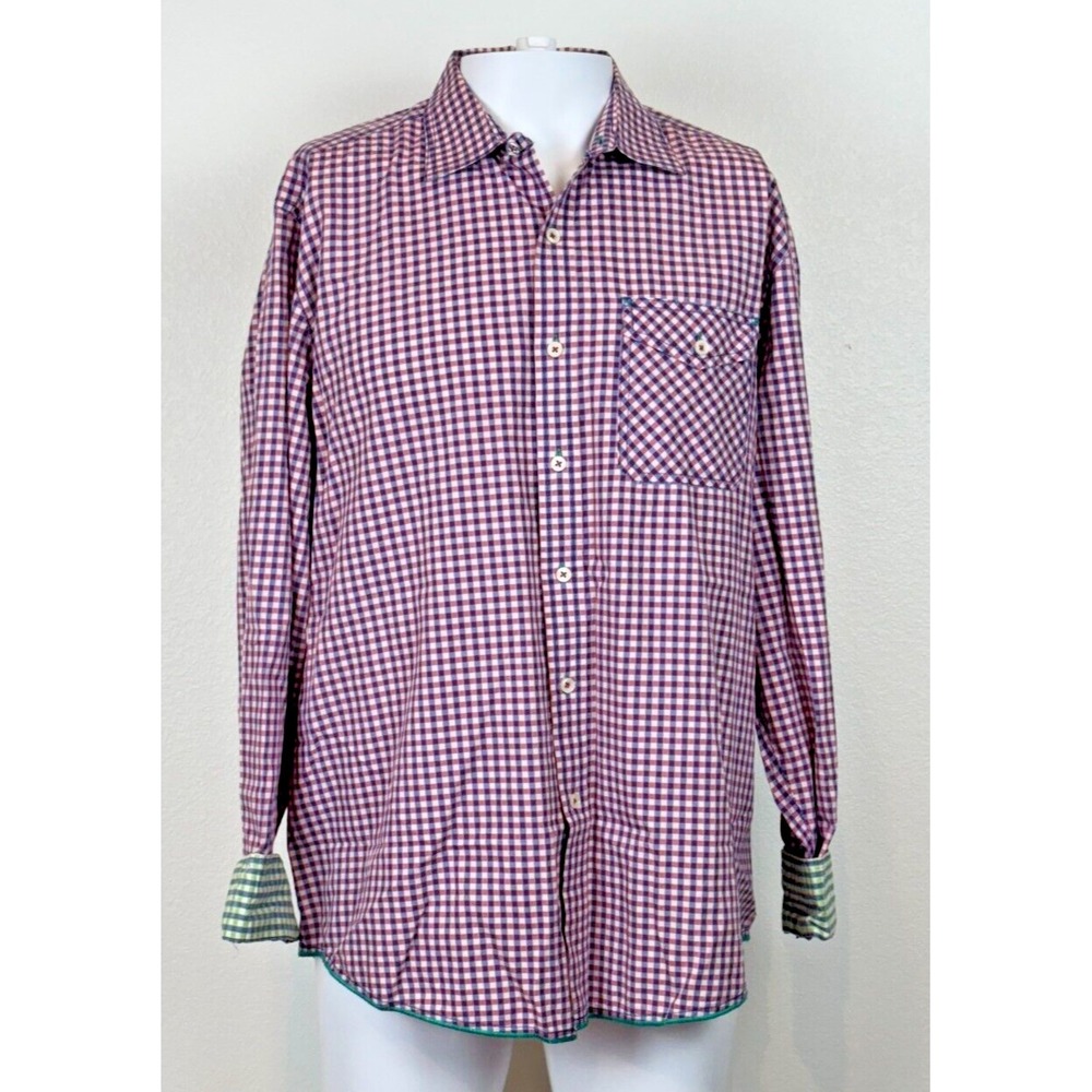 Tommy Bahama Men's Gingham Plaid Flip Cuff Long Sleeve Shirt Size L 100% Cotton